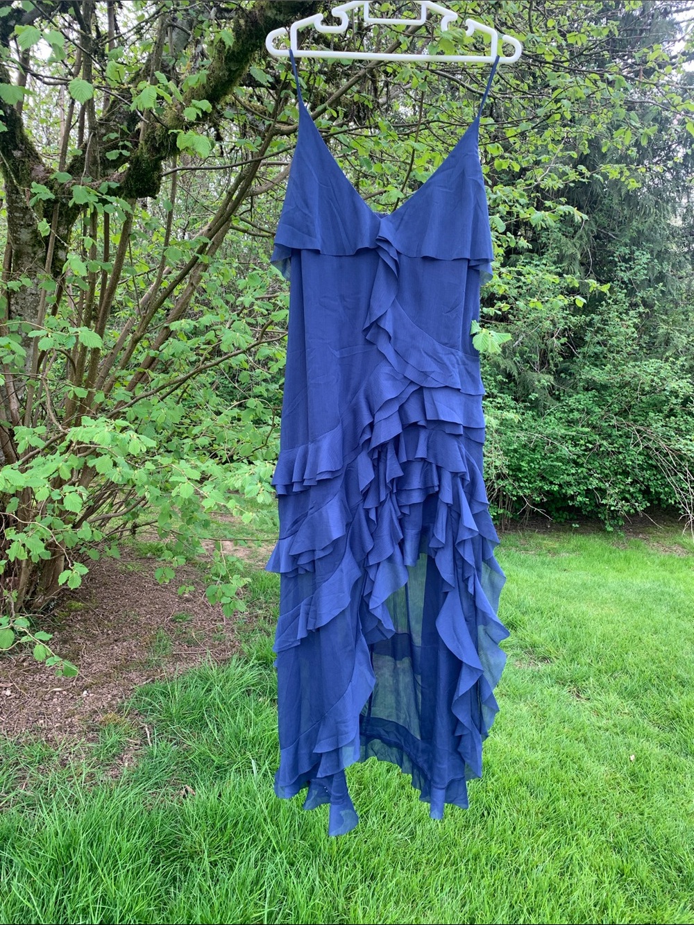 Y2K Venus navy ruffle asymmetrical high low open front sheer dress 16